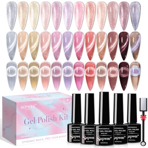 SUPWEE Cat Eye UV Gel Nagellack Set, 12 Farben Cat Magnetisch Gel Nagellack mit Magnetstift Smoothie Glitzer Cat Eye Nail Polish DIY Nail Art Maniküre Salon Basis erforderlich von SUPWEE