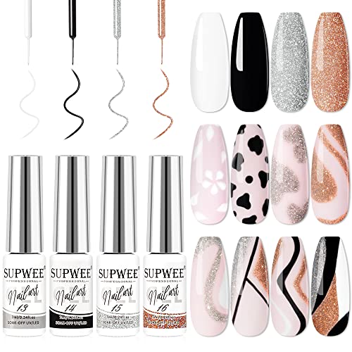 Supwee 4 Farben Nail Art Liner Gel Polish Set Weiß Schwarz Silber Champagner Französisch Reflective Glitter UV Gel Nagellack Set Disco Glitter Malgel für Nagel Design UV-Gel von SUPWEE