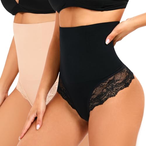 SURE YOU LIKE Shapewear Damen Bauchweg Unterhose Hohe Taille Mieder String Shapewear Tanga Seamless Figurformende Shaping Unterwäsche, Beige+Schwarz, L von SURE YOU LIKE