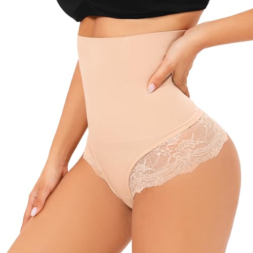 SURE YOU LIKE Shapewear Damen Tanga Bauchweg Damen Unterhose Hohe Taille Tanga Shapewear Miederhose Seamless Shaping Unterwäsche Mieder String Slip, Beige, L von SURE YOU LIKE