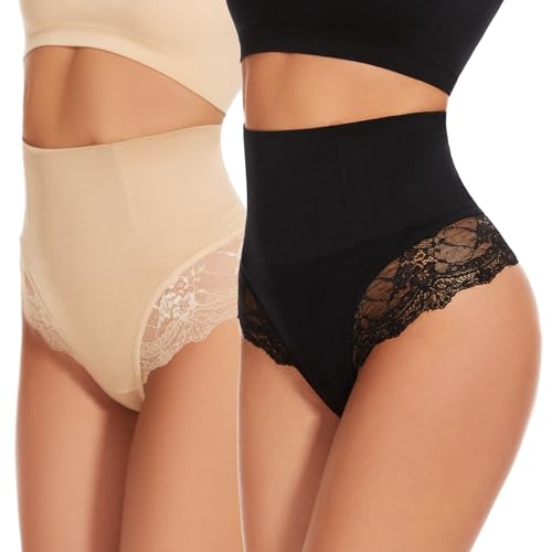 SURE YOU LIKE Bauchweg Unterhose Damen Tanga Shapewear Miederhose Mittler Taille Bauch Weg Bauchkontrolle Unterwäsche Tanga Slips, Beige+Schwarz, S von SURE YOU LIKE