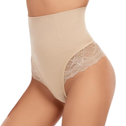 SURE YOU LIKE Bauchweg Unterhose Damen Tanga Shapewear Miederhose Mittler Taille Bauch Weg Bauchkontrolle Unterwäsche Tanga Slips, Beige, S von SURE YOU LIKE