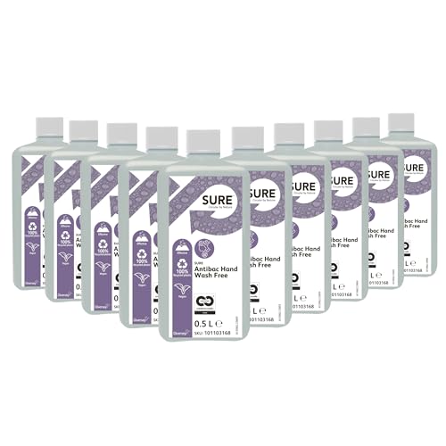 SURE 10 x 0.5 L Flasche Antibac Hand Wash, Antibakterielle Seife, ohne Duft + Farbstoffen, pflanzlichen Rohstoffe, 100% biologisch, für Büros, Kitas, Restaurants VAH-Expertise für Soft Care Man von SURE