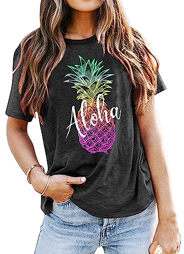 Damen Ananas-Sonnenbrille, T-Shirt, Aloha, Strände, Hawaii-Shirt, Urlaub, Rundhalsausschnitt, Grau, M von SUWATOIN