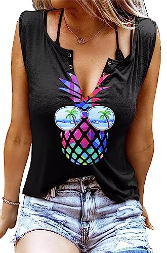 Tank Top Damen Hawaiian Pineapple Sunglasses Strand Ärmelloses Shirt Tops Sexy V-Ausschnitt Weste Elegante Bluse von SUWATOIN