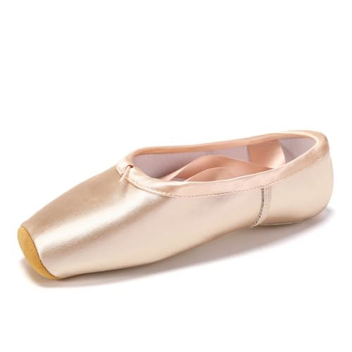 SWDZM Ballett Spitzenschuhe Ballettschläppchen Tanzschuhe mit dem genähten Band und Zehenpads für Mädchen,Rosa,Ledersohle,40 EU von SWDZM