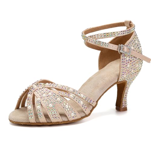 SWDZM Damen Latein Tanzschuhe Strass Salsa Glitzer Bachata Schuhe Damen Hochzeit Tanzende Schuhe,Rosa,Ferse 7.5cm,Wildledersohle,40EU von SWDZM