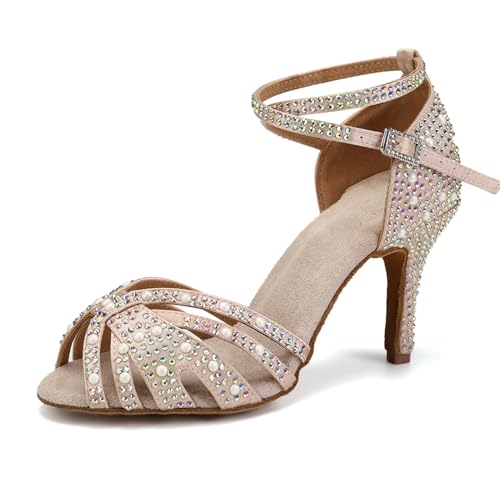 SWDZM Damen Latein Tanzschuhe Strass Salsa Glitzer Bachata Schuhe Damen Hochzeit Tanzende Schuhe,Rosa,Ferse 8.5cm,Wildledersohle,38EU von SWDZM