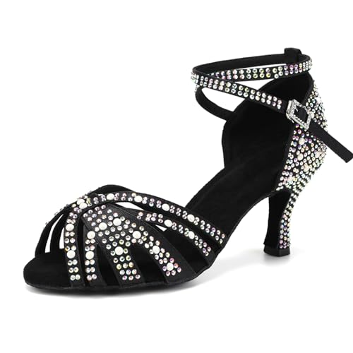 SWDZM Damen Latein Tanzschuhe Strass Salsa Glitzer Bachata Schuhe Damen Hochzeit Tanzende Schuhe,Schwarz,Ferse 7.5cm,Wildledersohle,36EU von SWDZM