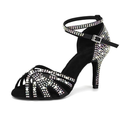 SWDZM Damen Latein Tanzschuhe Strass Salsa Glitzer Bachata Schuhe Damen Hochzeit Tanzende Schuhe,Schwarz,Ferse 8.5cm,Wildledersohle,36EU von SWDZM