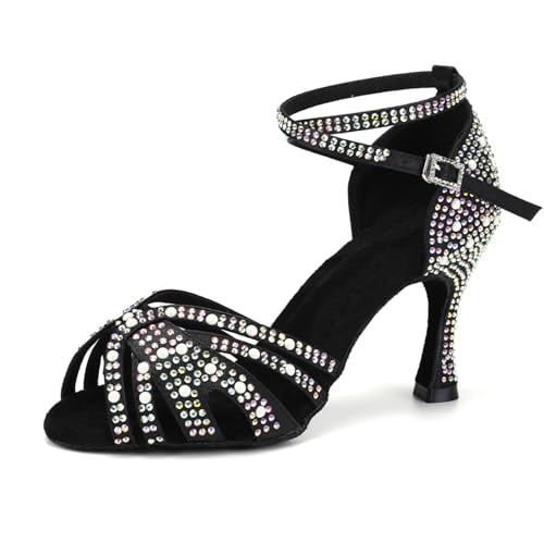 SWDZM Damen Latein Tanzschuhe Strass Salsa Glitzer Bachata Schuhe Damen Hochzeit Tanzende Schuhe,Schwarz,Ferse 9cm,Wildledersohle,38.5EU von SWDZM