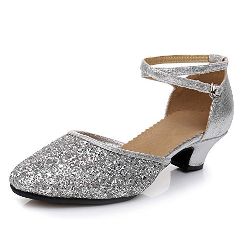 SWDZM Geschlossene Tanzschuhe Damen Glitzer Tanzschuhe Braut Hochzeit Partei Schuhe,DY225,Silber,Ferse 3.5cm,Gummisohle,EU 43 von SWDZM