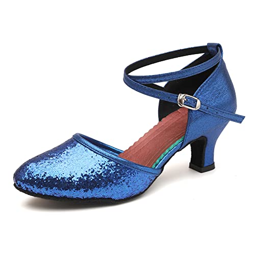 SWDZM Geschlossene Tanzschuhe Damen Glitzer Tanzschuhe Braut Hochzeit Partei Schuhe,FT225,Blau,Ferse 5cm,Wildledersohle,EU 40 von SWDZM