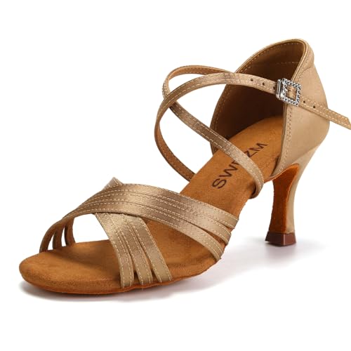 SWDZM Latein Tanzschuhe für Damen Professionelle Tanzschuhe Ballsaal Party Salsa Tanzübung Performance Schuhe,912DB,Beige,Ferse 7cm,Wildledersohle,37EU von SWDZM