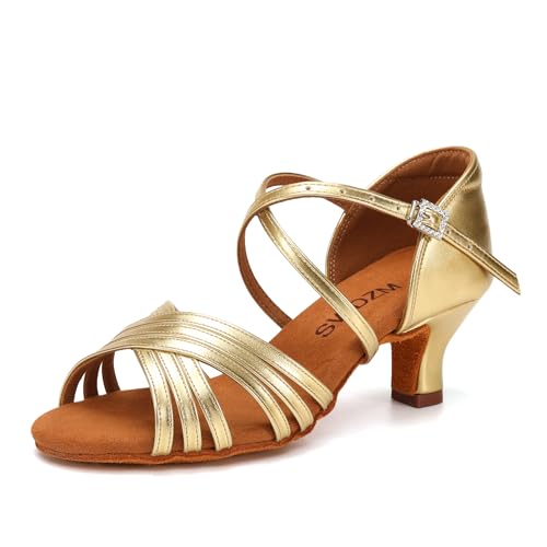 SWDZM Latein Tanzschuhe für Damen Professionelle Tanzschuhe Ballsaal Party Salsa Tanzübung Performance Schuhe,912DB,Gold,Ferse 5cm,Wildledersohle,39EU von SWDZM