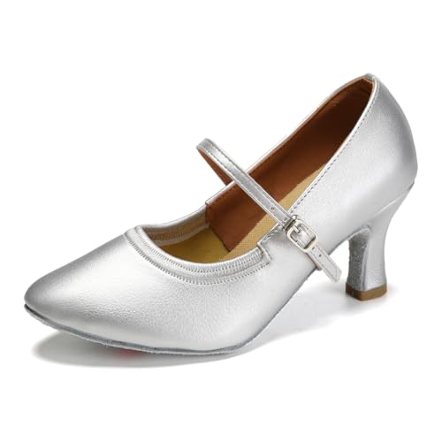 SWDZM Tanzschuhe Damen Latein Geschlossen Bequem Salsa Character Moderne Tango Ballsaal Tanzschuhe,Silber,Ferse 7cm,Wildledersohle,38.5 EU von SWDZM