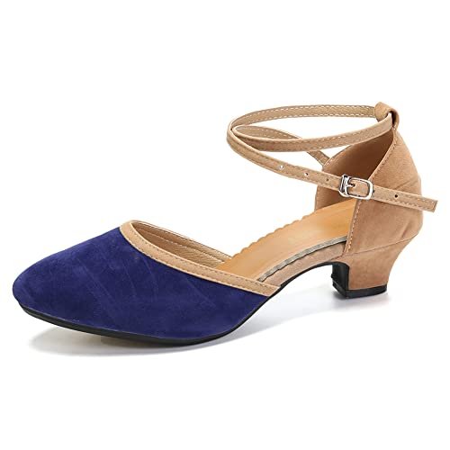 SWDZM Zapatos de Baile Latino Mujer Punta Cerrada Salsa Bachata Tango Character Zapatos de Baile,212,Blau,Talón 3.5cm,Suela de caucho,38EU von SWDZM