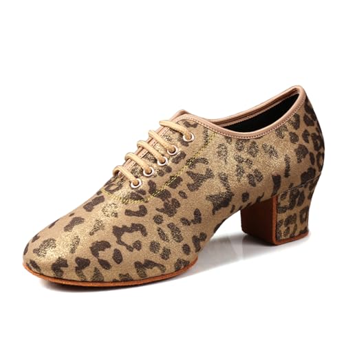 SWDZM Tanzschuhe Damen Latein Geschlossen Salsa Jazz Moderne Ballsaal Leistung Schuhe Trainingsschuhe,Leopard,Ferse 5cm,Geteilte Wildledersohle,38.5EU von SWDZM