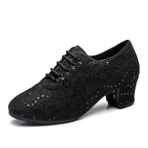 SWDZM Tanzschuhe Damen Latein Geschlossen Salsa mit Pailletten Moderne Gesellschaftstanzschuhe Schnüren Tanzschuhe,Schwarz,Ferse 3.5cm,Geteilte Wildledersohle,39EU von SWDZM