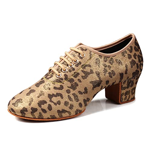 SWDZM Tanzschuhe Damen Latein Schnüren Geschlossene Salsa Tango Moderne Jazz Ballsaal Leistung Schuhe Trainingsschuhe,KC-Leopard,Ferse-5cm,37 EU von SWDZM