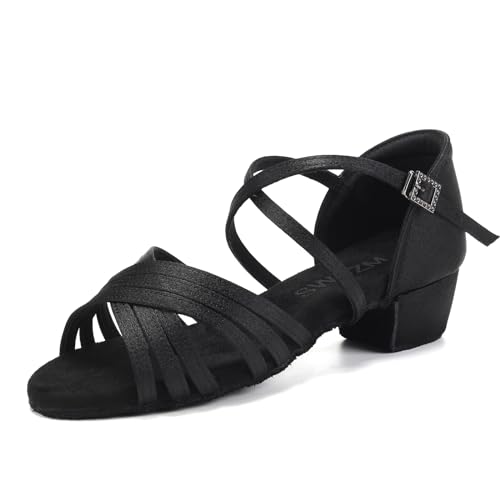 SWDZM Tanzschuhe Mädchen Latein Satin Professionelle Tanzschuhe Ballsaal Salsa Tanzschuhe Damen,912DB,Schwarz Raso,Frese 3.5cm,Wildledersohle,38 EU von SWDZM