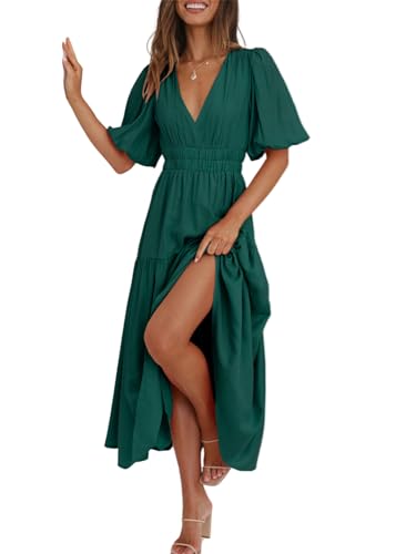 SWOAMER Damen Sommer Kleider V-Ausschnitt Partykleid Lang Puffärmel A Linie Sommerkleid Casual Freizeitkleid Strandkleid für Frauen Dunkelgrün L von SWOAMER