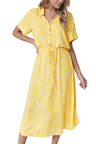 SWOAMER Damen Sommerkleid Blusenkleid mit Knöpfe Polka Dots Midikleid Kurzarm V-Ausschnitt Locker Knielang Freizeit Sommerkleider für Damen Gelb L von SWOAMER