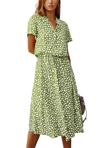 SWOAMER Damen Sommerkleid Blusenkleid mit Knöpfe Polka Dots Midikleid Kurzarm V-Ausschnitt Locker Knielang Freizeit Sommerkleider für Damen Grün 3XL von SWOAMER