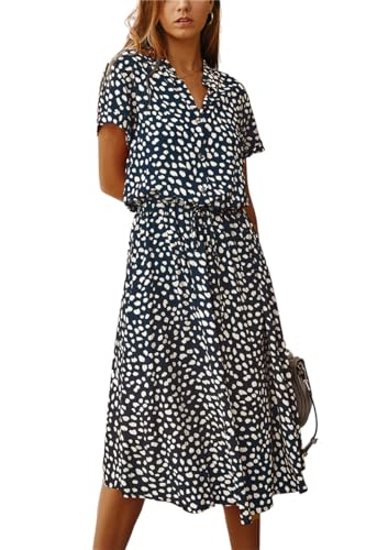 SWOAMER Damen Sommerkleid Blusenkleid mit Knöpfe Polka Dots Midikleid Kurzarm V-Ausschnitt Locker Knielang Freizeit Sommerkleider für Damen Navy-Blau M von SWOAMER