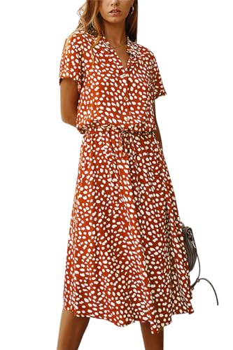 SWOAMER Damen Sommerkleid Blusenkleid mit Knöpfe Polka Dots Midikleid Kurzarm V-Ausschnitt Locker Knielang Freizeit Sommerkleider für Damen Rostrot L von SWOAMER