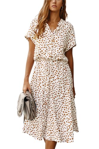 SWOAMER Damen Sommerkleid Blusenkleid mit Knöpfe Polka Dots Midikleid Kurzarm V-Ausschnitt Locker Knielang Freizeit Sommerkleider für Damen Weiß M von SWOAMER