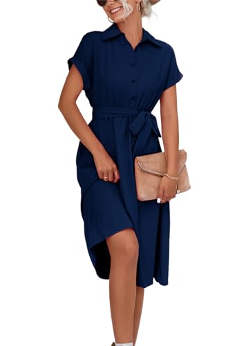 SWOAMER Damen Sommerkleid Knielang Kurzarm Blusenkleid Elegant V-Ausschnitt Midikleid Casual Sommer Kleider Partykleid Hemdkleid Blau L von SWOAMER