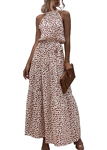 SWOAMER Damen Sommerkleid Lang Ärmellos Neckholder Kleid Schulterfreies Maxikleid Strandkleid für Frauen Urlaub Freizeit Beige L von SWOAMER