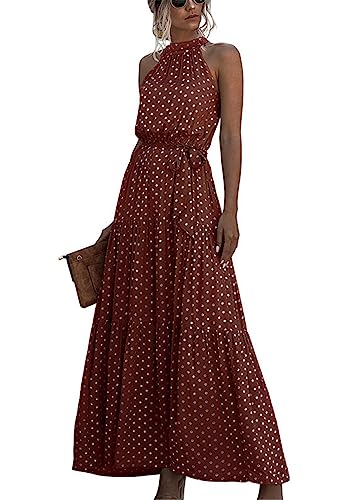 SWOAMER Damen Sommerkleid Lang Ärmellos Neckholder Kleid Schulterfreies Maxikleid Strandkleid für Frauen Urlaub Freizeit Braun M von SWOAMER