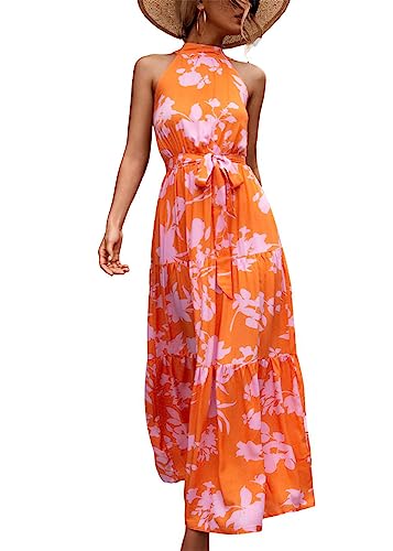 SWOAMER Damen Sommerkleid Lang Ärmellos Neckholder Kleid Schulterfreies Maxikleid Strandkleid für Frauen Urlaub Freizeit Orange M von SWOAMER