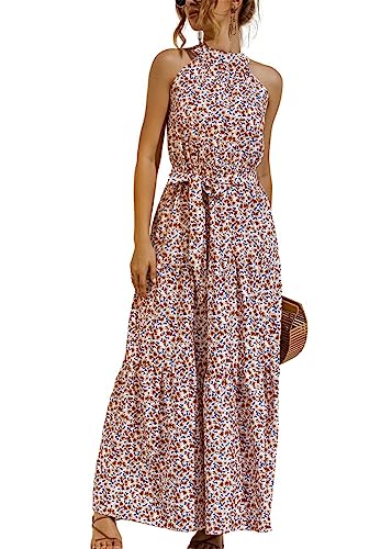 SWOAMER Damen Sommerkleid Lang Ärmellos Neckholder Kleid Schulterfreies Maxikleid Strandkleid für Frauen Urlaub Freizeit Rosa-Blumen L von SWOAMER