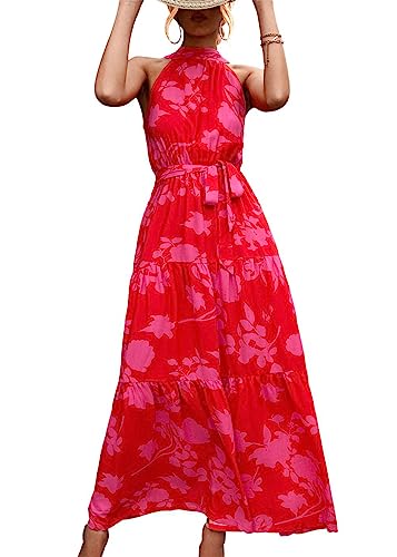 SWOAMER Damen Sommerkleid Lang Ärmellos Neckholder Kleid Schulterfreies Maxikleid Strandkleid für Frauen Urlaub Freizeit Rosered-Floral M von SWOAMER