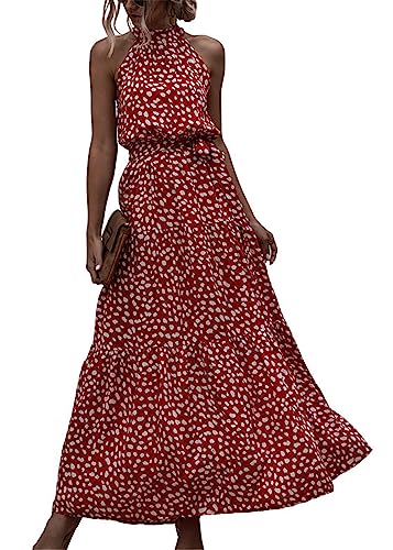 SWOAMER Damen Sommerkleid Lang Ärmellos Neckholder Kleid Schulterfreies Maxikleid Strandkleid für Frauen Urlaub Freizeit Rot M von SWOAMER