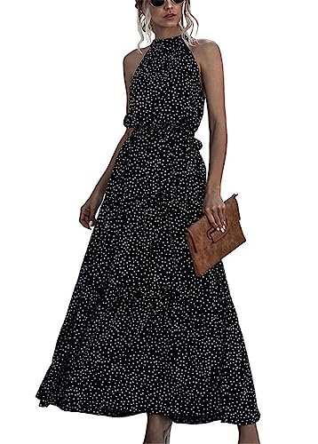 SWOAMER Damen Sommerkleid Lang Ärmellos Neckholder Kleid Schulterfreies Maxikleid Strandkleid für Frauen Urlaub Freizeit Schwarz-Polkadot L von SWOAMER