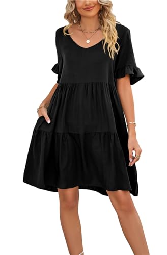 SWOAMER Damen Sommerkleid T-Shirtkleid mit Taschen Tunikakleid Knielanges Kleid A-Linie Freizeitkleid V-Ausschnitt Kleid Strandkleid Umstandskleid Frauen Casual Kleider Mini Schwarz S von SWOAMER