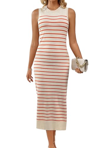 SWOAMER Damen Streifen Sommer Kleider Ärmellos Langes Abendkleid Rundhals Partykleid Sommerkleid Orange M von SWOAMER