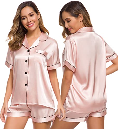 SWOMOG Damen Pyjama Sets Satin Nachtwäsche Kurzarm Nachthemd und Shorty Sets Damen Nachtwäsche aus Seide Zweiteilige Loungewear Ladies Silky Pjs SWOMOG Damen Pyjama Sets Satin Nachtwäsche Kurzarm Nachthemd und Shorty Sets Damen Nachtwäsche aus Seide Zweiteilige Loungewear Ladies Silky Pjs von SWOMOG