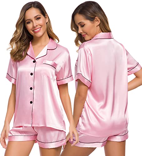 SWOMOG Satin Damen Schlafanzug mit Knopfleiste Kurzarm Nachtwäsche Frauen Pyjama Set Zweiteiliger Seide Hausanzug von SWOMOG