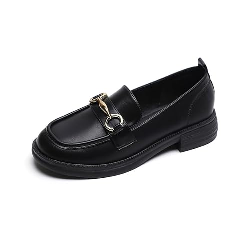 Damen Flacher Mokassin Mit Schnalle Women l Microfiber Leather Slip-On Chain Decor Chunky Flatform Wedge Loafers (39,Schwarz) von SWZEC