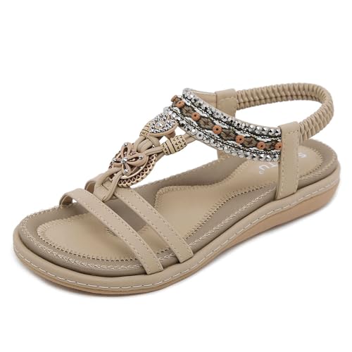 Orthoback ORTHOSHOES® Damen Knöchelriemen Flach Strass Bohemian Sommerschuhe Bequeme Sandalen Größe 36-42 (38,Beige 2) von SWZEC