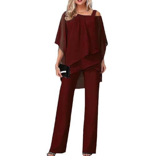 SWZEC Zweiteiler Satz Damen Eleganter Zweiteiler mit Cold Shoulder (Rotwein,L) von SWZEC