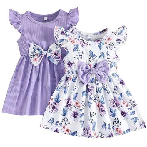SXSHUN Baby Mädchen Kleid Kinder Kurzarm Kleider mit Schleife Prinzessin Sommerkleid 2er Pack A-Linien-Kleid für Kleinkind, Violett, 9-12M SXSHUN Baby Mädchen Kleid Kinder Kurzarm Kleider mit Schleife Prinzessin Sommerkleid 2er Pack A-Linien-Kleid für Kleinkind, Violett, 9-12M von SXSHUN