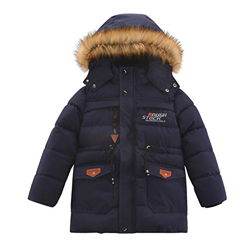 SXSHUN Kinder Jungen Winterjacke mit Fellkapuze Abnehmbar Lang Wintermantel Parka Outerwear, Dunkelblau, 116, (Etikette:120) von SXSHUN