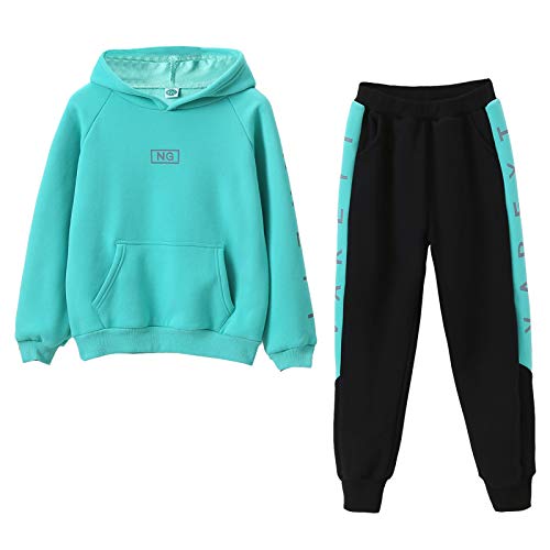 SXSHUN Kinder Mädchen 2tlg Trainingsanzug Sportanzug Jogginganzug Bekleidungsset Zweiteiler Outfit-Set Sweatshirt und Sporthose Buchstabe Streifen Motiv, Grün, 152-158(Label:160) von SXSHUN