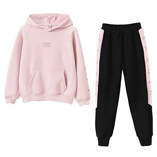 SXSHUN Kinder Mädchen 2tlg Trainingsanzug Sportanzug Jogginganzug Bekleidungsset Zweiteiler Outfit-Set Sweatshirt und Sporthose Buchstabe Streifen Motiv, Rosa, 122-128(Label:130) von SXSHUN